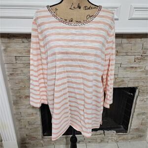 Chico's pale orange and white striped tied neck beaded and jeweled shirt sZ 3 XL